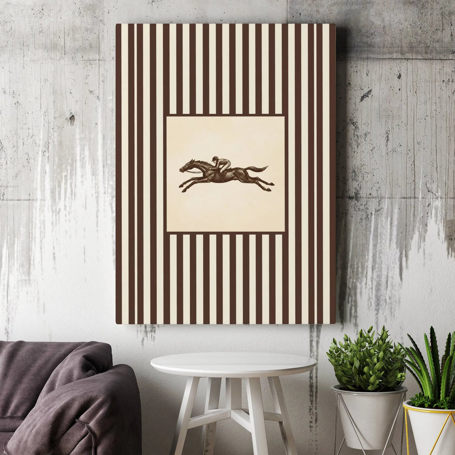 Vintage Horse Racing Wall Art | Equestrian Jockey Illustration | Premium Gallery Wrapped Canvas | Classic Striped Decor for Home Office