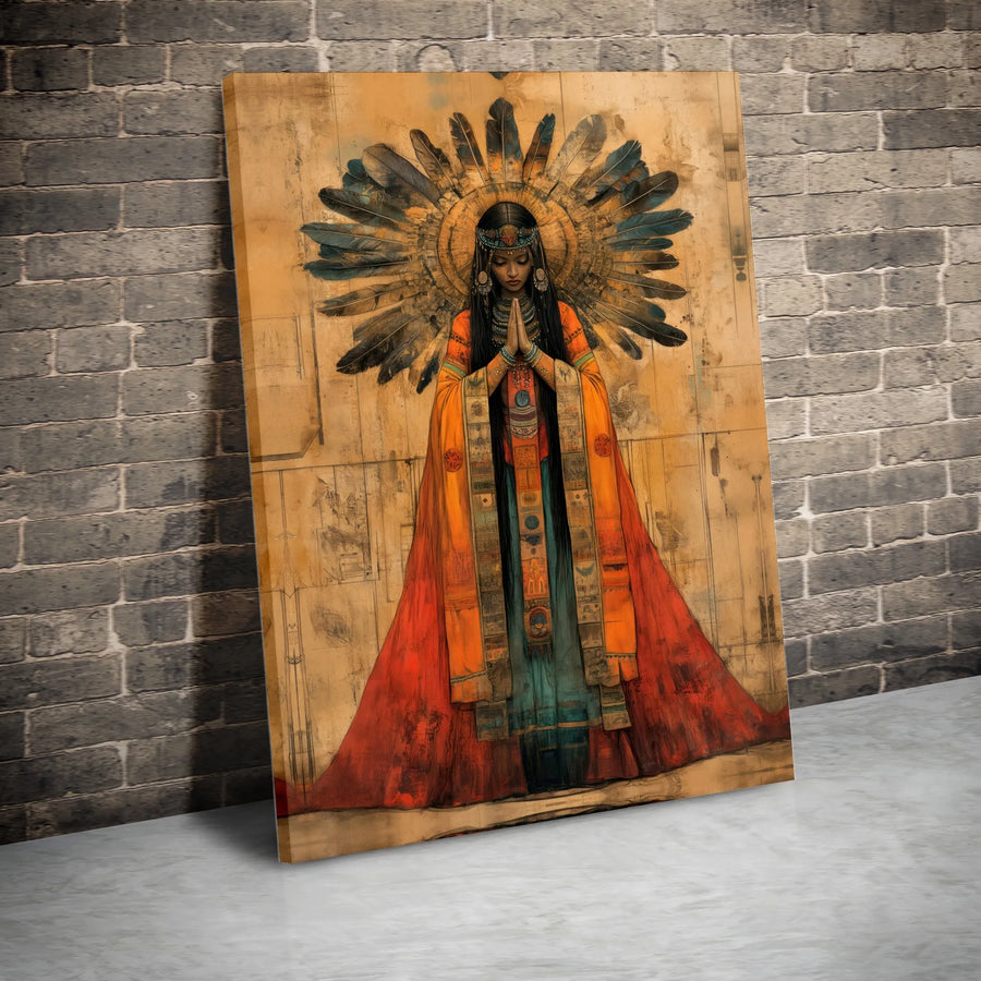Spiritual Goddess Canvas Print | Praying Woman with Feather Headdress | Premium Textured Wall Art | Boho Home Decor Gift for Meditation Room