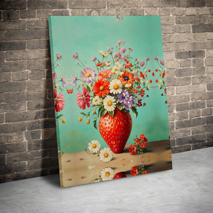 Strawberry Vase Canvas Wall Art | Whimsical Wildflower Bouquet in Fruit Vase | Premium Frameless Canvas Print | Unique Kitchen & Dining Room Decor Gift