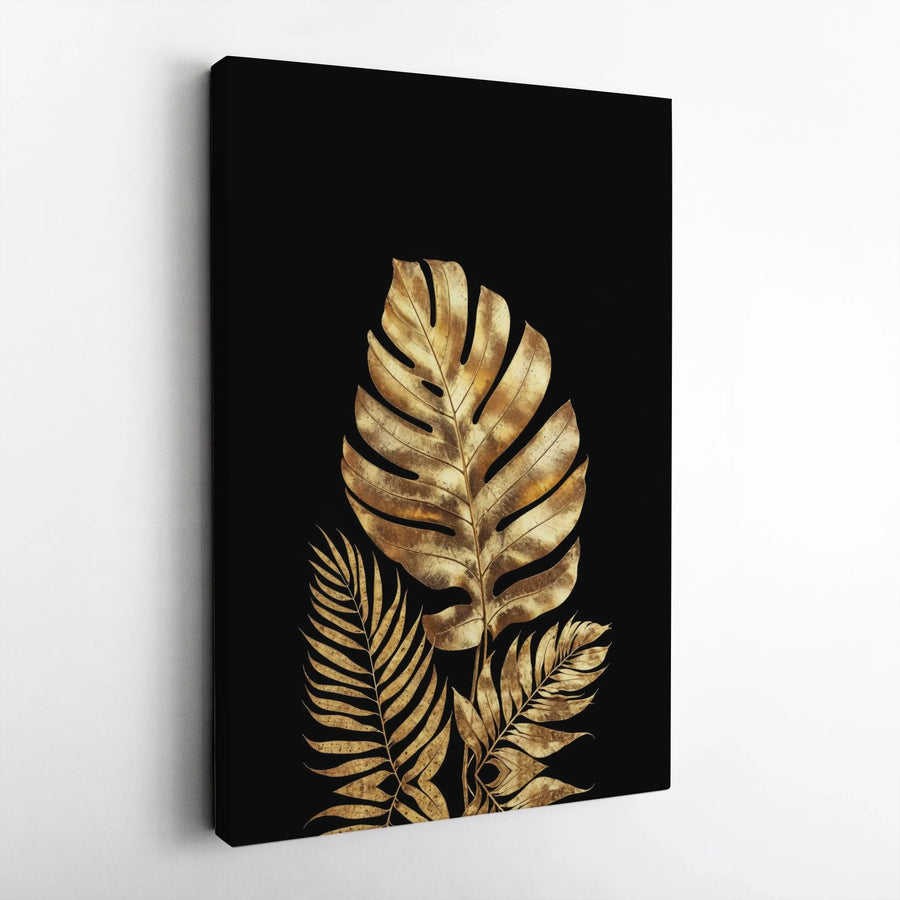 Gold Monstera Palm Leaf Canvas Art | Tropical Botanical Black Wall Decor | Premium Modern Gallery Wrap | Luxurious Living Room Home Gift