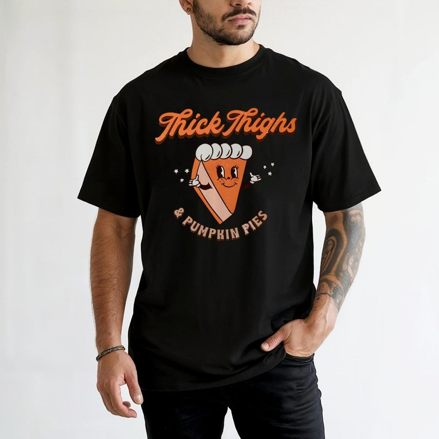 Thick Thighs Pumpkin Pies T-Shirt | Retro Fall Graphic Tee | 100% Cotton Premium Quality | Funny Thanksgiving Gift for Her