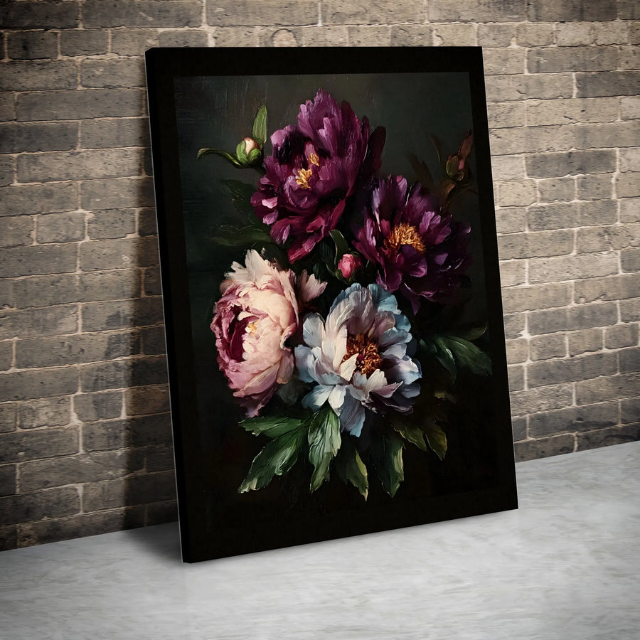 Moody Dark Floral Canvas Print | Peony Oil Painting Wall Art | Premium Gallery Wrap | Elegant Botanical Home Decor Gift
