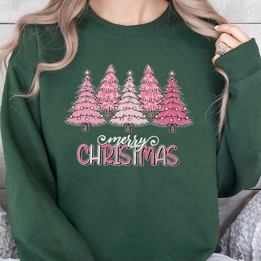 Merry Christmas Sweatshirt | Pink Leopard Print Christmas Tree Design | Premium Cotton-Blend | Trendy Holiday Gift for Women and Her