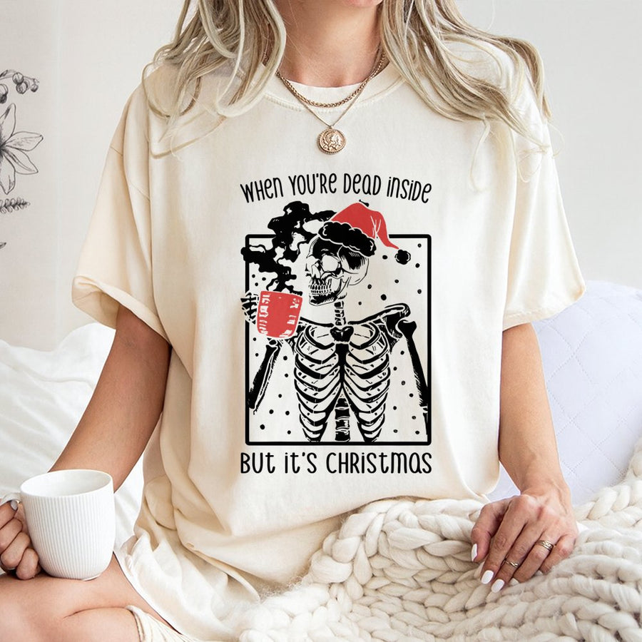 Funny Skeleton Christmas T-Shirt | Dead Inside Coffee Graphic Design | Premium 100% Cotton Tee | Sarcastic Holiday Gift for Men and Women