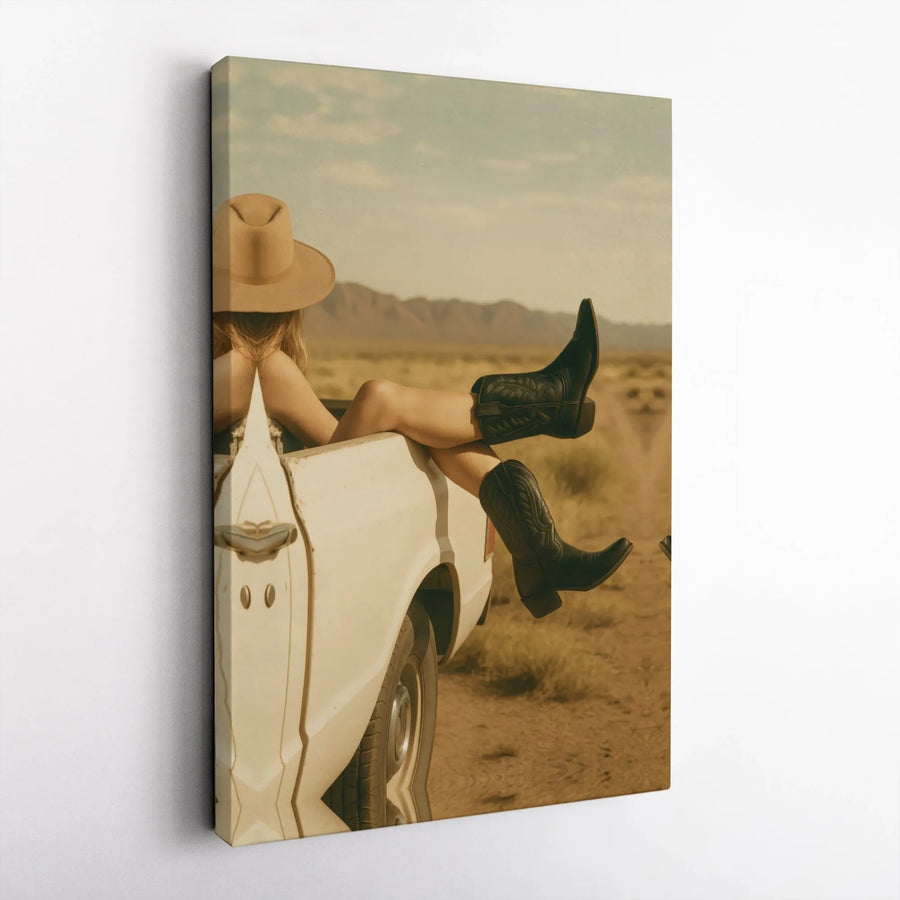 Impression sur toile cow-girl western | Photographie vintage d'escapade dans le désert | Toile haut de gamme sans cadre | Décoration murale cadeau du Sud-Ouest américain