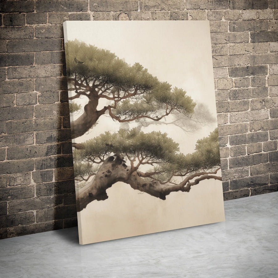 Japanese Pine Tree Canvas Wall Art | Misty Ink Wash Style Landscape | Premium Gallery Wrap Print | Zen Home Decor Gift for Minimalist