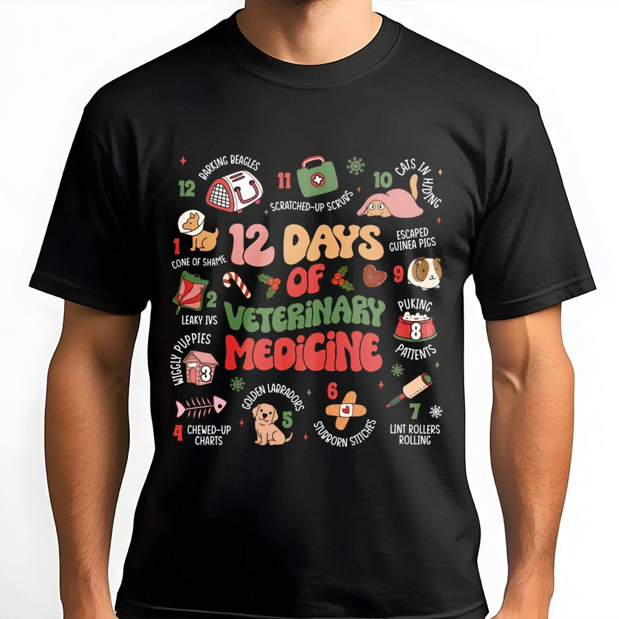 12 Days of Veterinary Medicine T-Shirt | Funny Vet Tech Christmas Graphic | Premium Cotton Unisex Tee | Gift for Veterinarian Staff