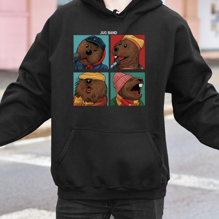 Jug Band Hoodie | Retro Cartoon Animal Quartet Graphic | Premium Cotton Blend Unisex Sweatshirt | Funny Music Lover Gift For Musicians