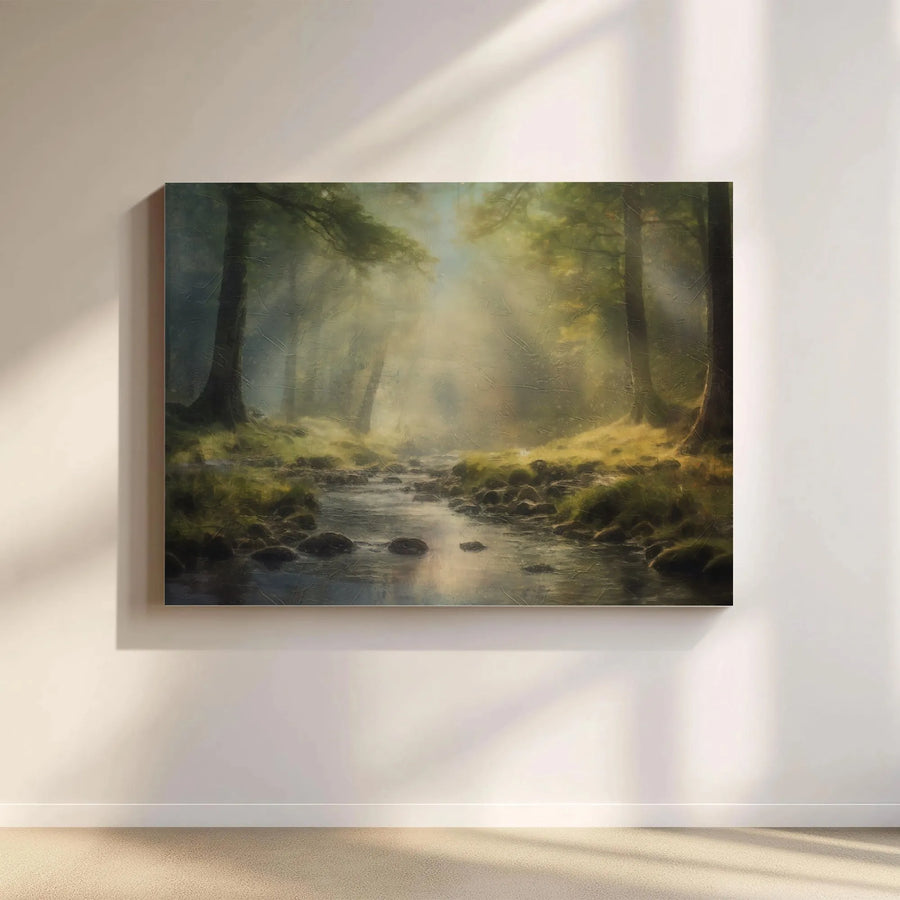 Misty Forest Landscape Canvas | Sunlight Beams Over Stream | Premium Gallery Wrap Wall Art | Nature Home Decor Gift