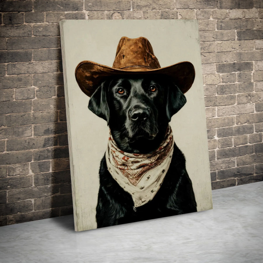 Black Labrador Canvas Art | Cowboy Dog Western Portrait | Premium Gallery Wrap Wall Decor | Unique Gift for Dog Lovers