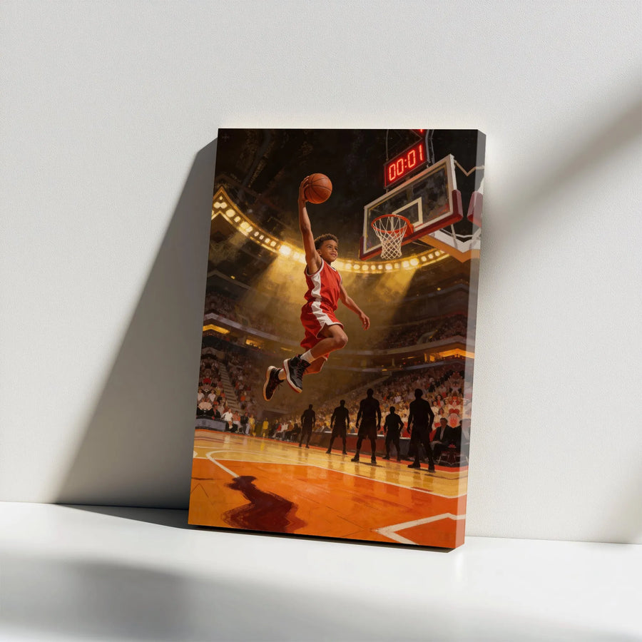 Basketball Slam Dunk Canvas Wall Art | Inspirational Game Winning Shot | Premium Gallery Wrap | Gift for Young Basketball Player