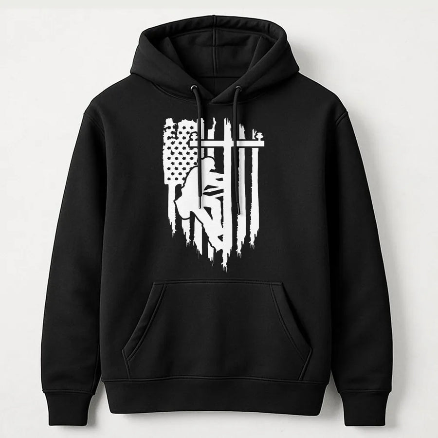 Lineman American Flag Hoodie | Patriotic Power Utility Worker Design | Premium Cotton Blend | Gift for Electricians and Line Workers