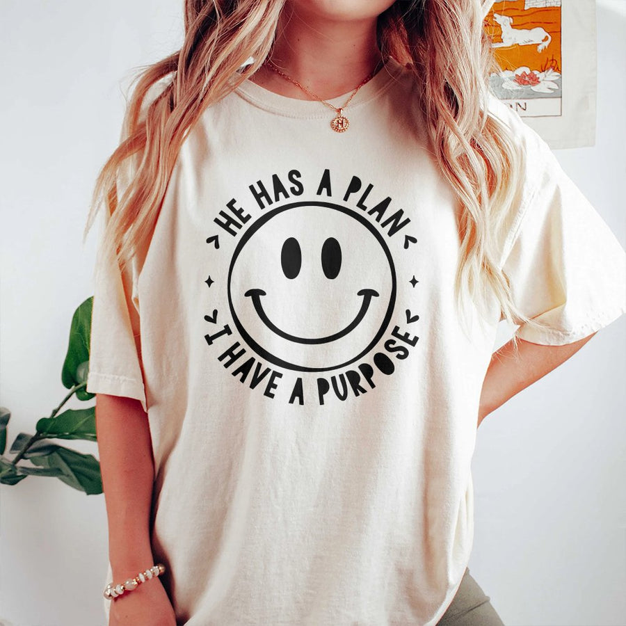 He Has A Plan I Have A Purpose T-Shirt | Smiley Face Christian Graphic Tee | Premium 100% Cotton Apparel | Faith-Based Gift For Men And Women