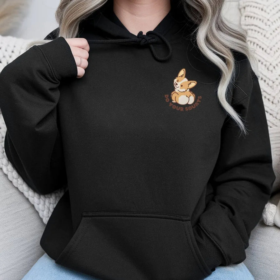 Corgi Gym Hoodie | Funny Do Your Squats Dog Graphic | Soft Cotton Blend | Gift for Weightlifter and Corgi Lover