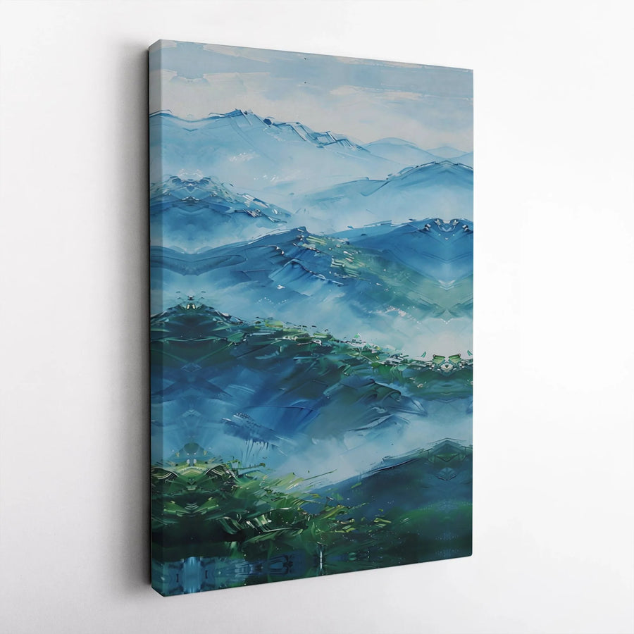 Abstract Blue Mountain Canvas Wall Art | Foggy Mist Landscape Print | 1.25-Inch Premium Gallery Wrap | Modern Home Office Decor Gift