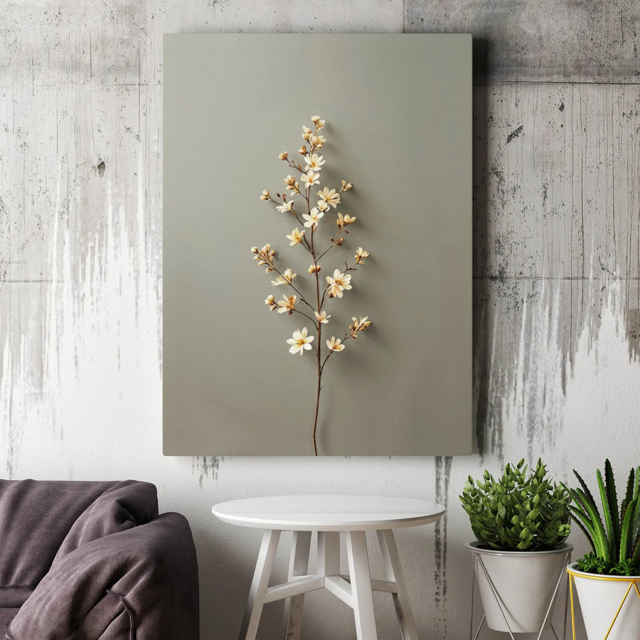 Minimalist White Flowering Branch Canvas Print | Botanical Wall Art on Sage Grey | Premium Fade-Resistant Gallery Wrap | Modern Home Office Decor