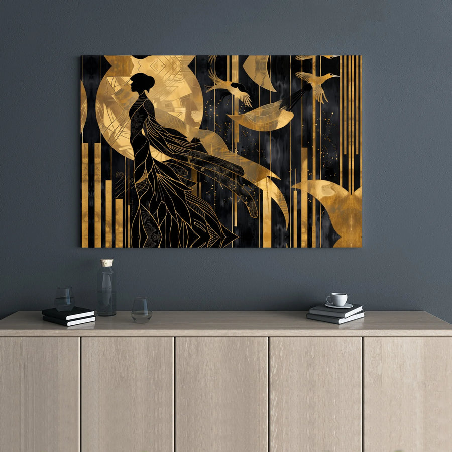 Art Deco Woman Canvas Wall Art | Gold and Black Moon Silhouette | Premium 1.25 Inch Gallery Wrap | Elegant Home Decor for Living Room
