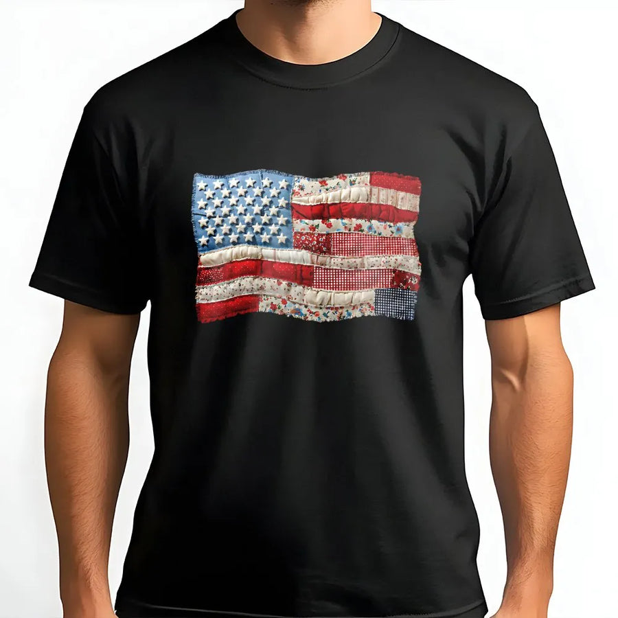 American Flag T-Shirt | Retro Faux Patchwork USA Flag Design | Premium Comfort Colors | Patriotic Gift for Men & Women