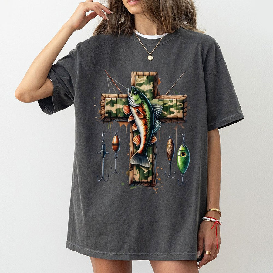 Fishing Cross T-Shirt | Camo Religious Bass Graphic | Premium 100% Cotton Tee | Christian Fisherman Gift for Dad