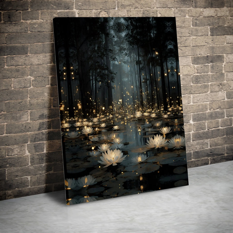 Mystical Forest Canvas Wall Art | Glowing Water Lilies Pond Scene | Premium Fade-Resistant Print | Enchanted Nature Home Decor Gift