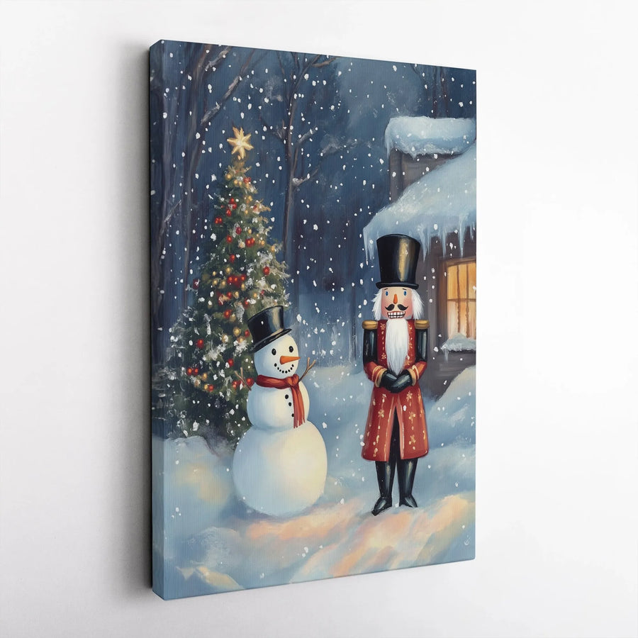 Nutcracker And Snowman Christmas Wall Art | Whimsical Snowy Winter Scene | Premium Gallery Wrap Canvas | Holiday Decor Gift For Home