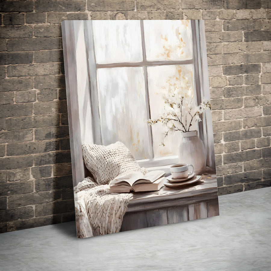 Cozy Window Nook Canvas Print | Book and Coffee Morning Aesthetic | Gallery-Quality 1.25-inch Profile | Peaceful Home Decor Gift