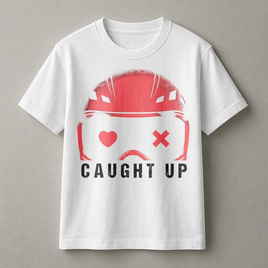 Caught Up T-Shirt | Heart and Cross Eye Helmet Graphic | Premium Soft Cotton Tee | Dark Romance Book Lover Gift for Readers