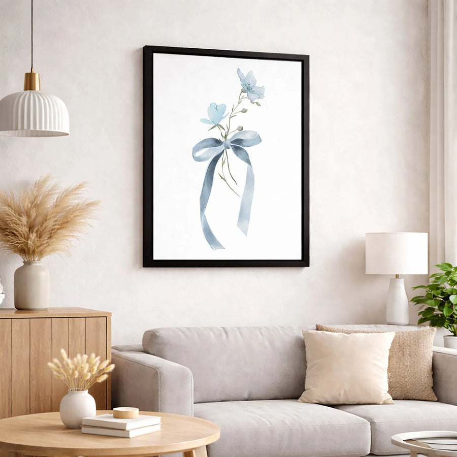 Watercolor Blue Flower Canvas Wall Art | Minimalist Botanical Bow Illustration | Premium Gallery Wrapped Print | Elegant Home Office Decor Gift
