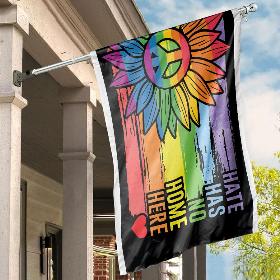 Hate Has No Home Here House Flag | Rainbow Sunflower Peace Sign | Durable Weather-Resistant Polyester | LGBTQ Pride Home Decor Outdoor Gift