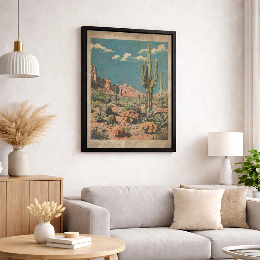 Vintage Desert Landscape Canvas Art | Saguaro Cactus Southwestern Wall Decor | Premium Fade-Resistant Print | Bohemian Home Office Gift