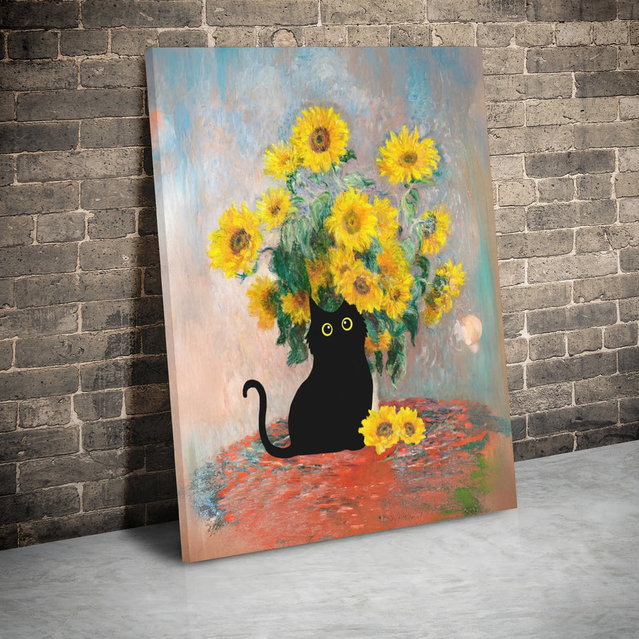 Black Cat Sunflower Canvas Art | Impressionist Oil Painting Style | Premium Gallery Wrap | Whimsical Home Decor Gift for Cat Lovers