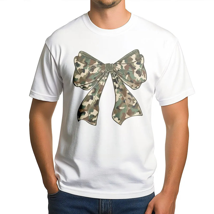 Camo Bow Graphic T-Shirt | Aesthetic Girly Camouflage Ribbon Design | Premium 100% Cotton Tee | Gift for Her & Hunting Enthusiasts