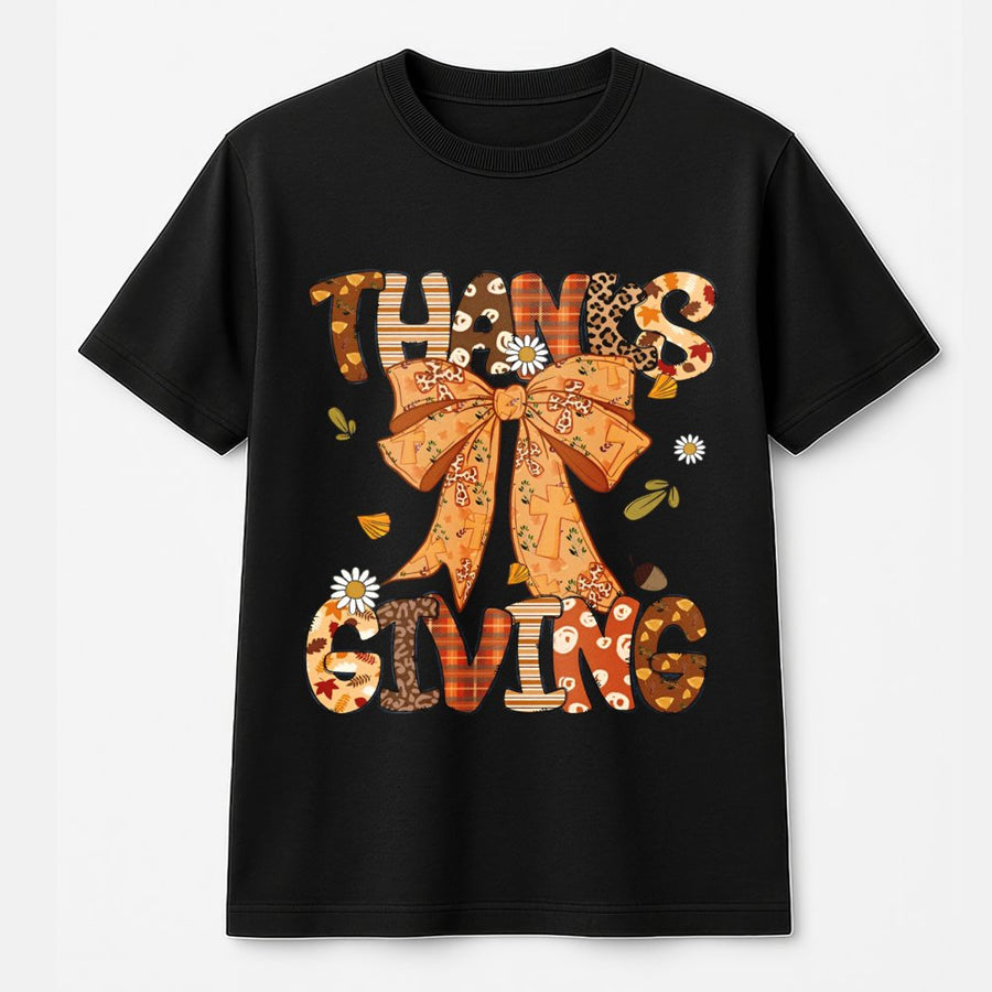 Thanksgiving Coquette Bow T-Shirt | Autumn Fall Preppy Graphic Tee | 100% Cotton Comfort Shirt | Trendy Holiday Gift for Women