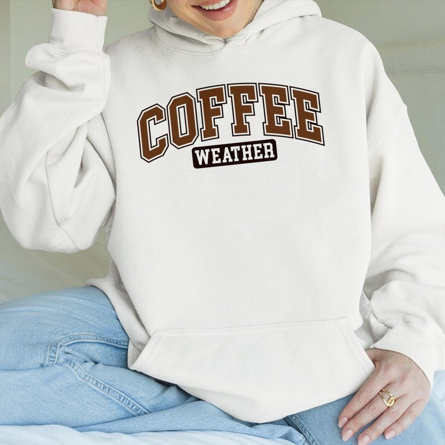 Coffee Weather Hoodie | Varsity Collegiate Lettering Design | Soft Cotton-Polyester Blend | Trendy Gift for Coffee Lovers & Caffeine Addicts