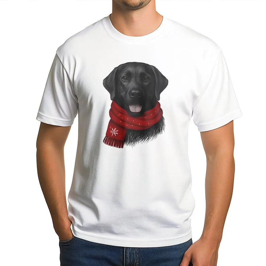 Black Labrador Christmas T-Shirt | Cute Dog In Red Scarf Design | Premium 100% Cotton Apparel | Festive Holiday Gift For Dog Lovers