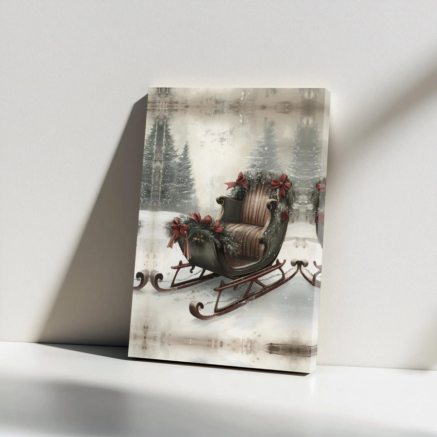 Vintage Christmas Sleigh Canvas Art | Snowy Winter Forest Landscape | Premium 1.25-Inch Gallery Wrap | Festive Holiday Wall Decor for Home