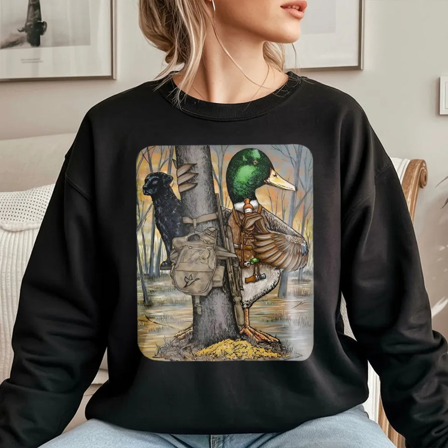 Duck Hunting Sweatshirt | Tactical Mallard with Hunting Dog Design | Premium Cotton Blend Crewneck | Perfect Gift for Outdoorsmen and Hunters