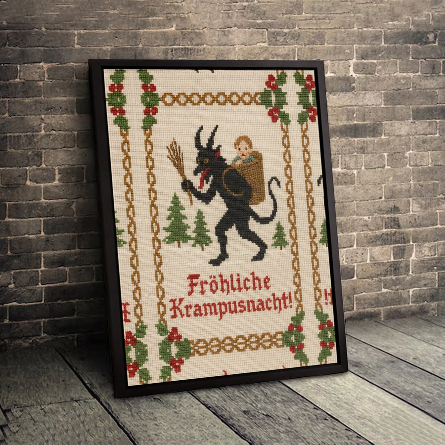 Krampus Wall Art Canvas | Frohliche Krampusnacht Cross-Stitch Design | Premium Gallery Wrapped Decor | Unique Gothic Holiday Gift For Folklore Fans