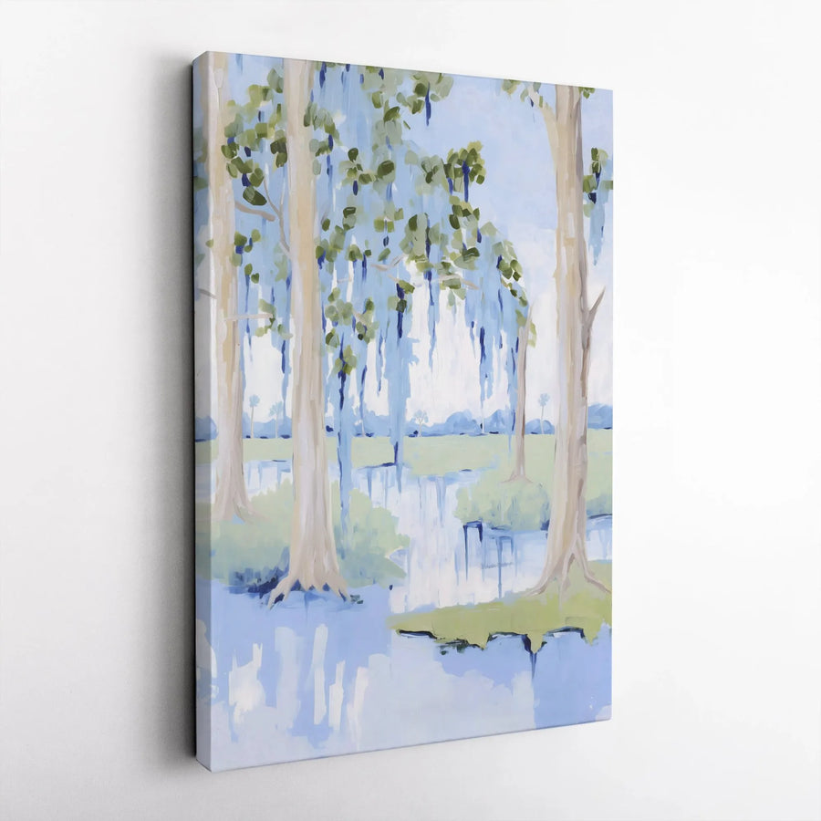 Southern Bayou Canvas Wall Art | Abstract Cypress Tree Painting with Spanish Moss | Premium Gallery Wrapped Canvas | Living Room Decor Gift