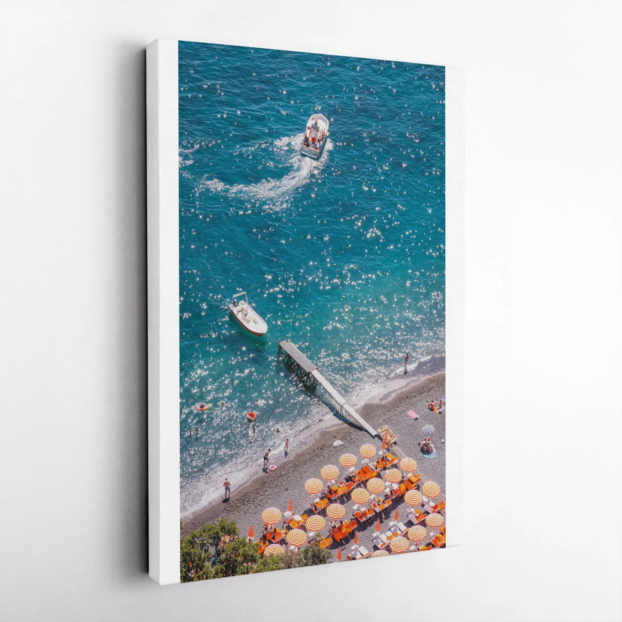 Positano Beach Vertical Canvas | Aerial Italian Coast Photography | Premium Thick Gallery Canvas | Modern Coastal Home Decor Gift