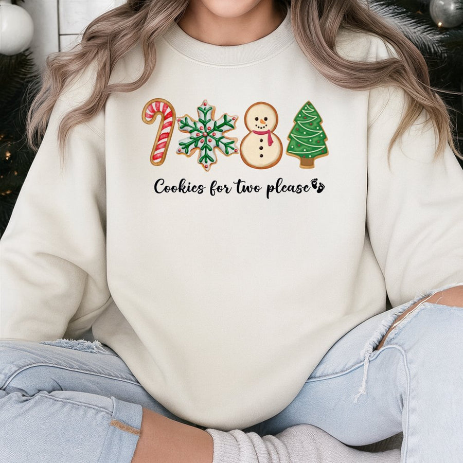 Cookies For Two Please Christmas Sweatshirt | Cute Gingerbread Pregnancy Reveal Design | Premium Cotton-Poly Blend | Festive Maternity Holiday Gift