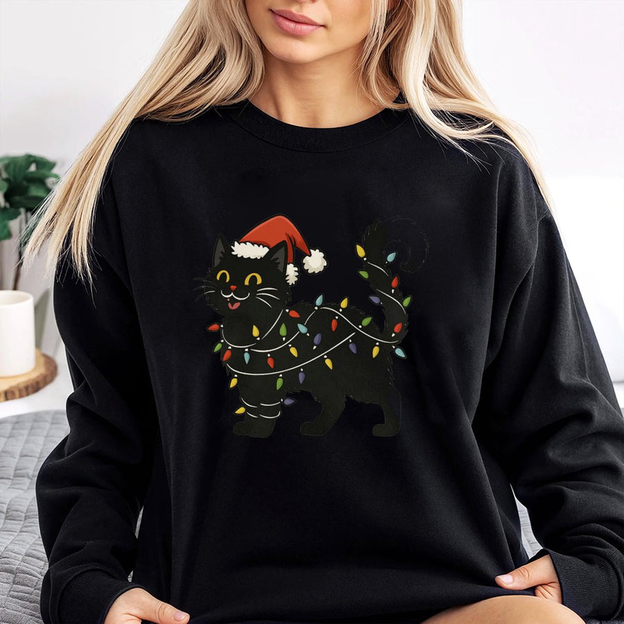 Black Cat Christmas Sweatshirt | Cute Kitten Tangled In Holiday Lights | Premium Cotton Blend | Funny Winter Gift For Cat Lovers