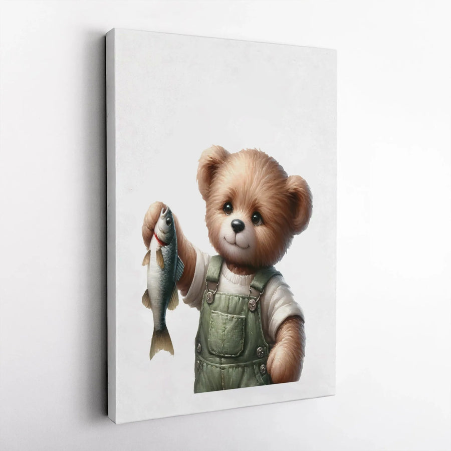 Fishing Teddy Bear Canvas Wall Art | Cute Animal Portrait in Overalls | Premium 1.25" Gallery Wrap | Charming Nursery & Home Decor Gift