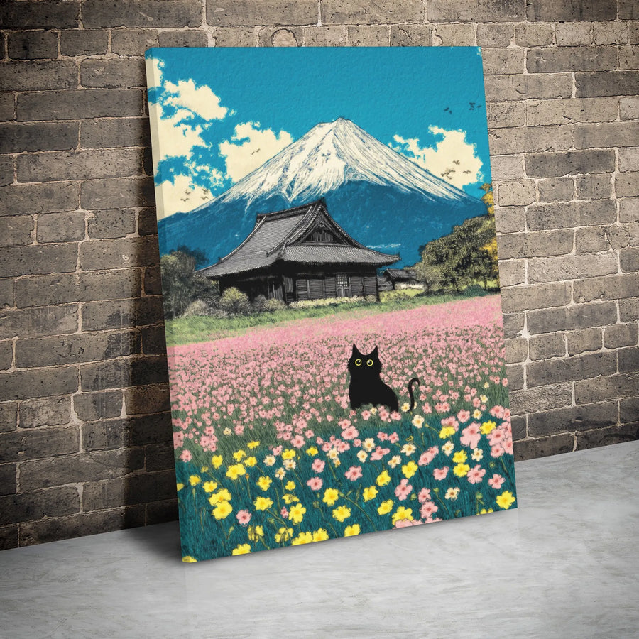 Black Cat Wall Art | Japanese Ukiyo-e Style Mount Fuji Landscape | Premium 1.25-Inch Gallery Wrap Canvas | Whimsical Nature Home Decor Gift