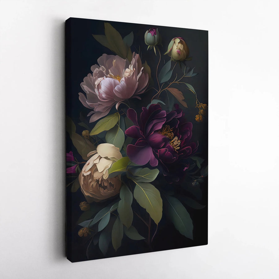 Dark Floral Canvas Wall Art | Moody Peony Bouquet Print | Premium 1.25" Gallery Wrap | Botanical Home Decor for Living Room Gift