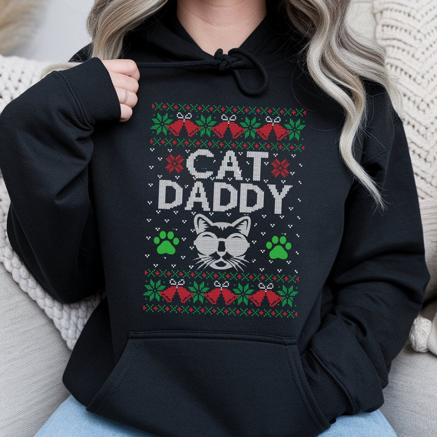 Cat Daddy Ugly Christmas Hoodie | Funny Feline Lover Graphic Sweatshirt | Premium Cotton-Blend Pullover | Perfect Holiday Gift for Men and Women