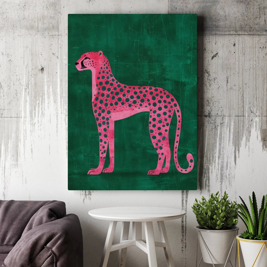 Pink Cheetah Canvas Wall Art | Graphic Pop Art Big Cat Illustration | Premium Gallery Canvas | Modern Home Decor Gift for Animal Lovers