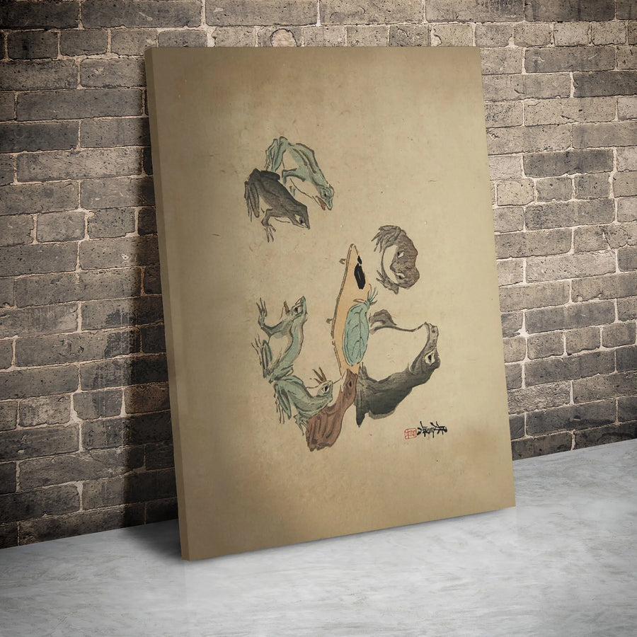 Japanese Ukiyo-e Frog Wrestling Canvas Print | Choju-giga Animal Scroll Art | Gallery Wrapped Premium Wall Decor | Unique Gift for Art Lovers