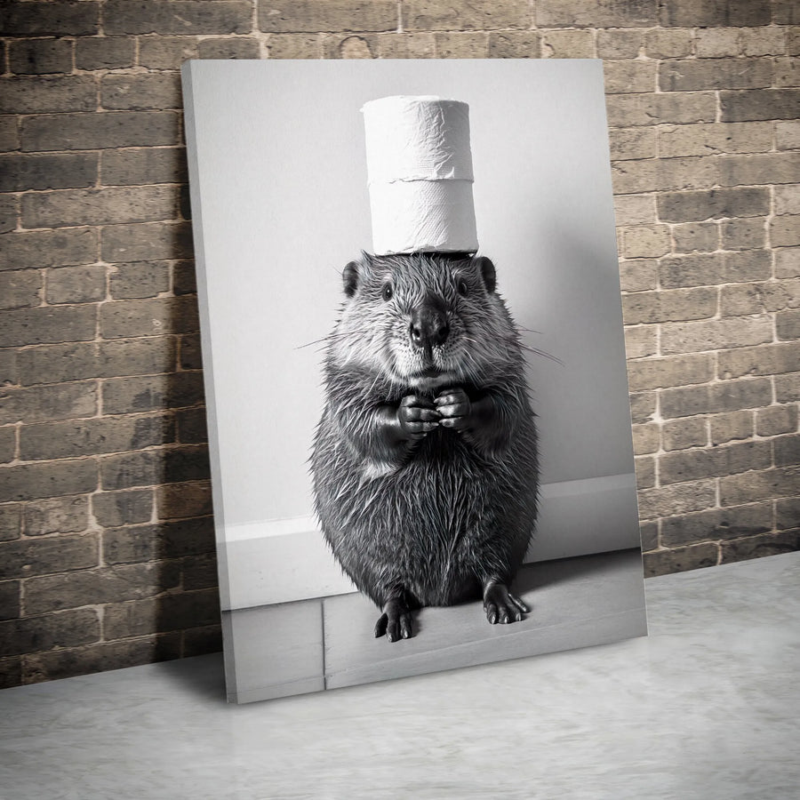 Funny Beaver Canvas Print | Beaver with Toilet Paper Roll Art | Premium Gallery Wrap Canvas | Modern Bathroom Decor Gift