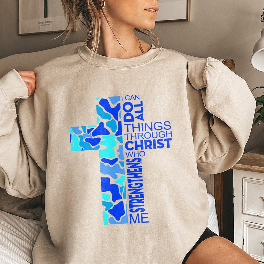 Christian Sweatshirt | Blue Camo Cross Philippians 4:13 | Premium Cotton Blend | Religious Faith Gift for Men and Women